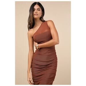 NWT Lulus Kiden Brown Mesh Ruched One-Shoulder Midi Dress Party Neutral Size S